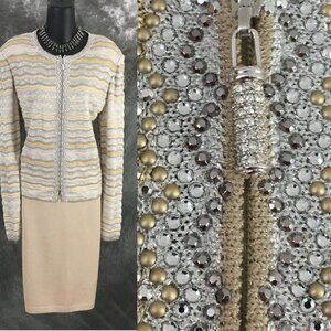 St John evening knit gold beige multi rhinestones embellished skirt suit L